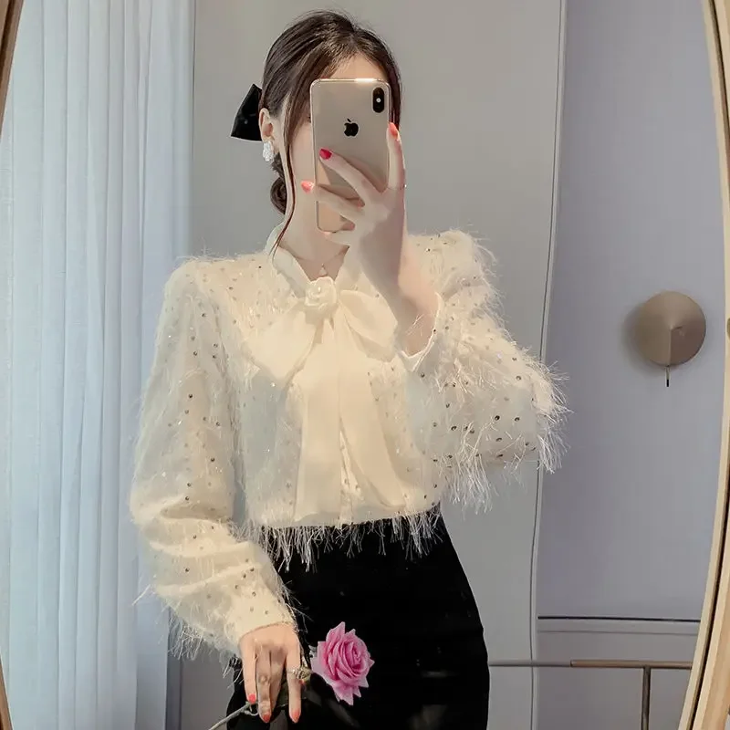 Nowa Xiaoxiang Fengliu Su Liang Pian Koronkowa Bluzka Damska z Długim Rękawem, Wewnętrzna Kokarda, Szyfonowa Koszula