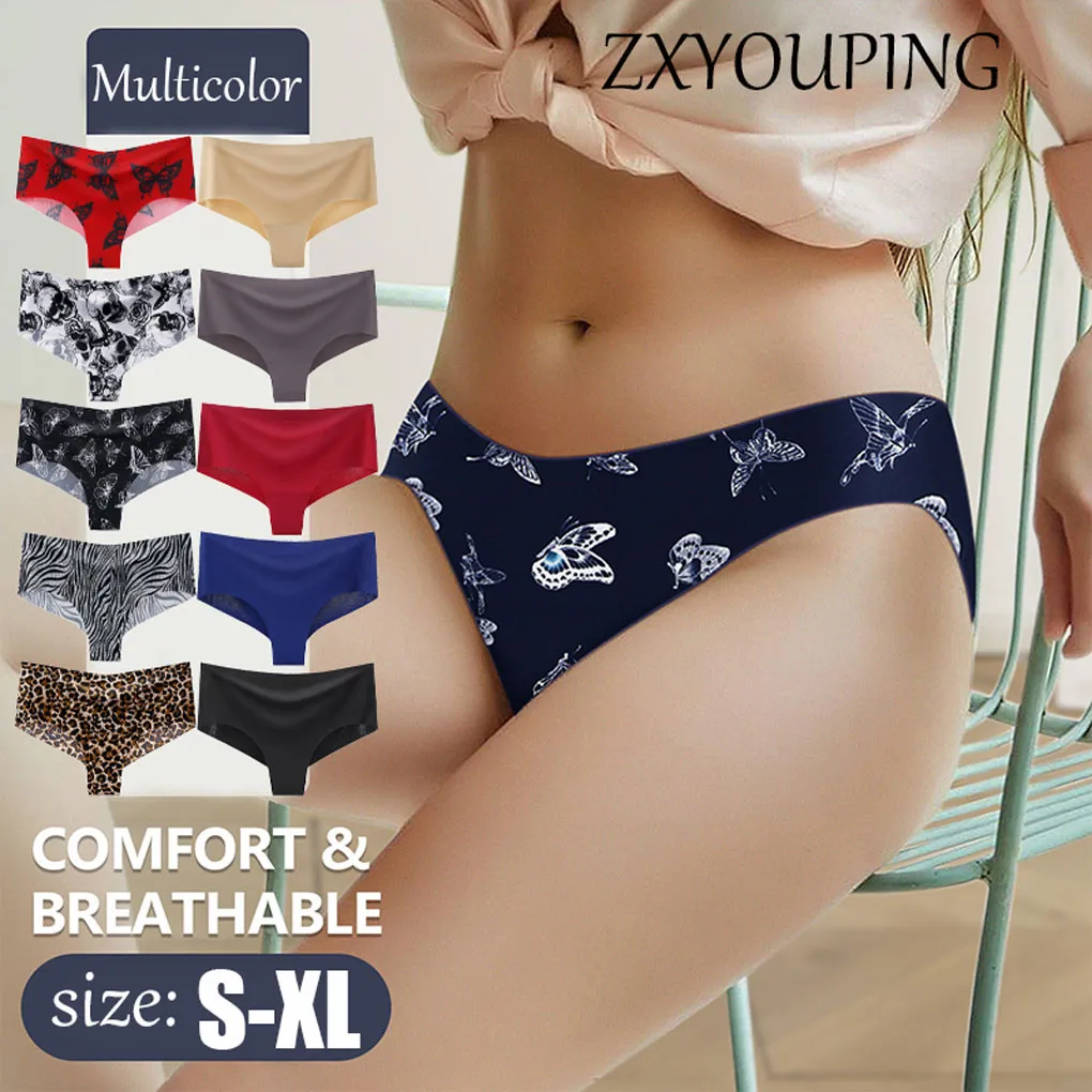 ZXYOUPING European and American printed butterfly triangle underwear ice silk seamless plus size girl multi-color mid waist sexy