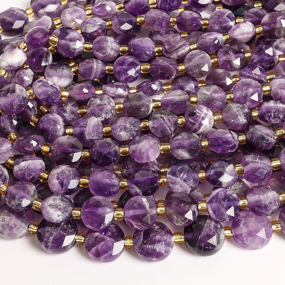 8MM 10MM NATURAL CHEVRON AMETHYST FACETED COIN BEADS PURPLE LOOSE BEADS FOR JEWELRY MAKING DIY BRACELET NECKLACE NATURAL TEXTURE