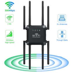 300Mbps WiFi Repeater 2.4Ghz Router Wireless Booster Amplifier Network Extender 8 Antennas Wireless Router Network Home Office