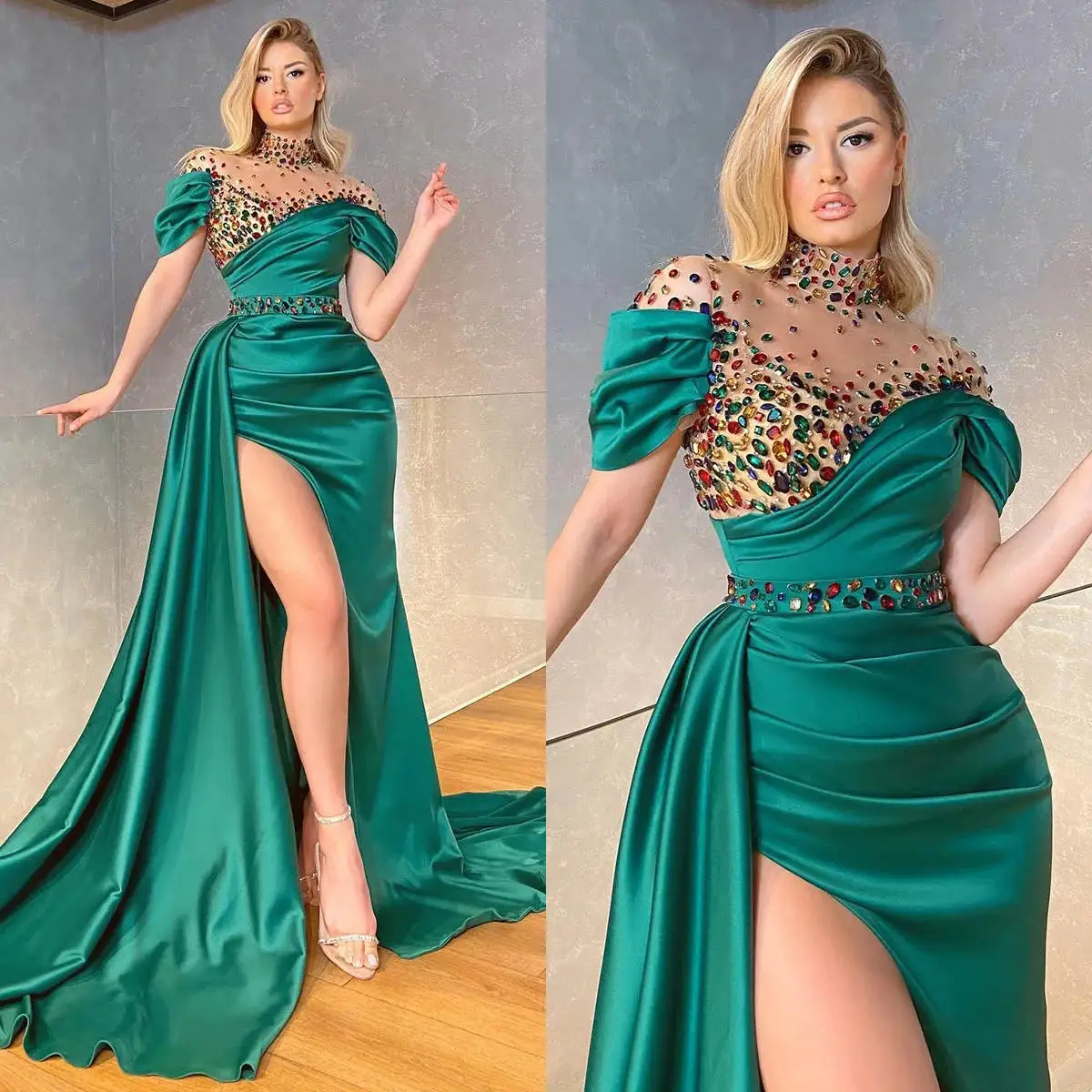 

Attractive Sheath Gown Prom Dresses Crystals Pleat Taffeta High-Neck Celebrity Party Evening Dresses Plus Size Custom Size Color