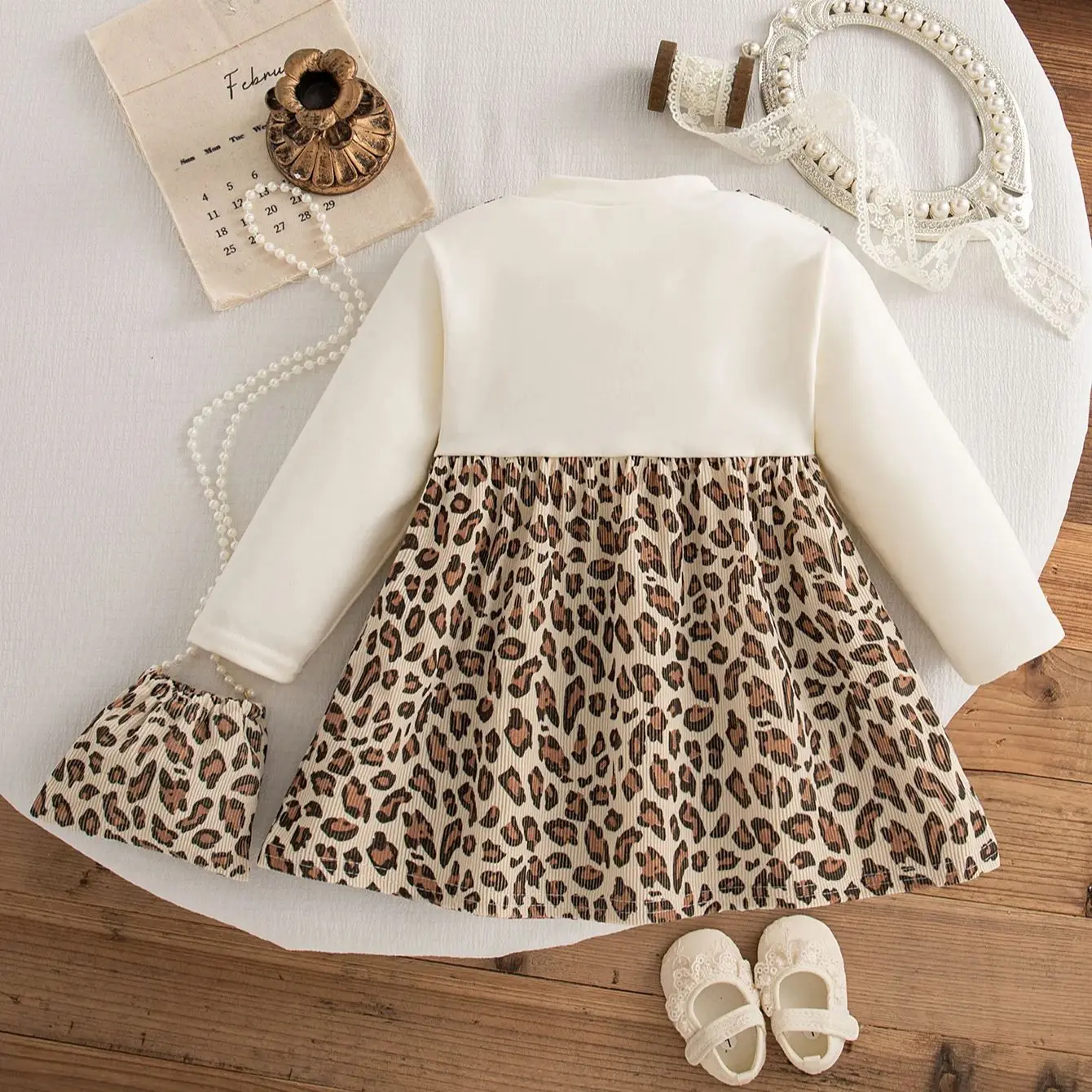 Spring And Autumn New Baby Girl Long Sleeve Dress, Cute Leopard Pattern Children'S Clothing Comes With Free Bag (0-3 Years Old)
