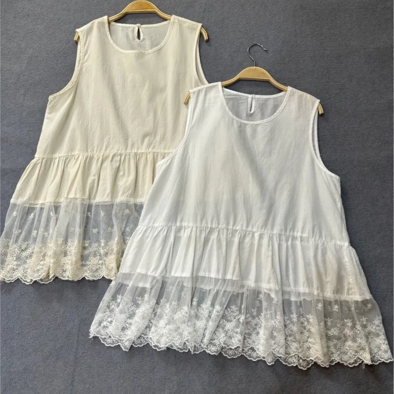 Johnature Mori Japanese Thin Cotton Openwork Lace Sleeveless Vests 2024 Summer New Loose Versatile Casual Render Women Tops