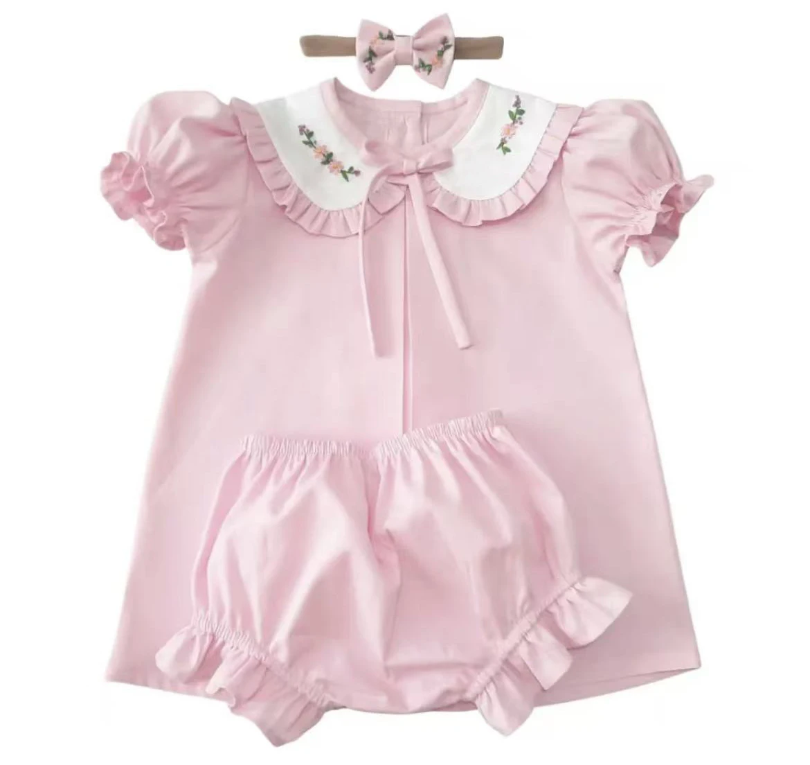 Baby Girl Summer 3Pcs Outfit Pink Floral Embroidery Set for Birthday Party Photography B702