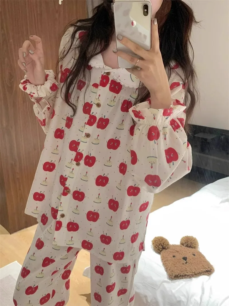 Conjuntos de pijama feminino com estampa de maçãs vermelhas, doce princesa, Casa, Lounge para meninas da faculdade, Dormitório Primavera, outono, moda coreana, novo