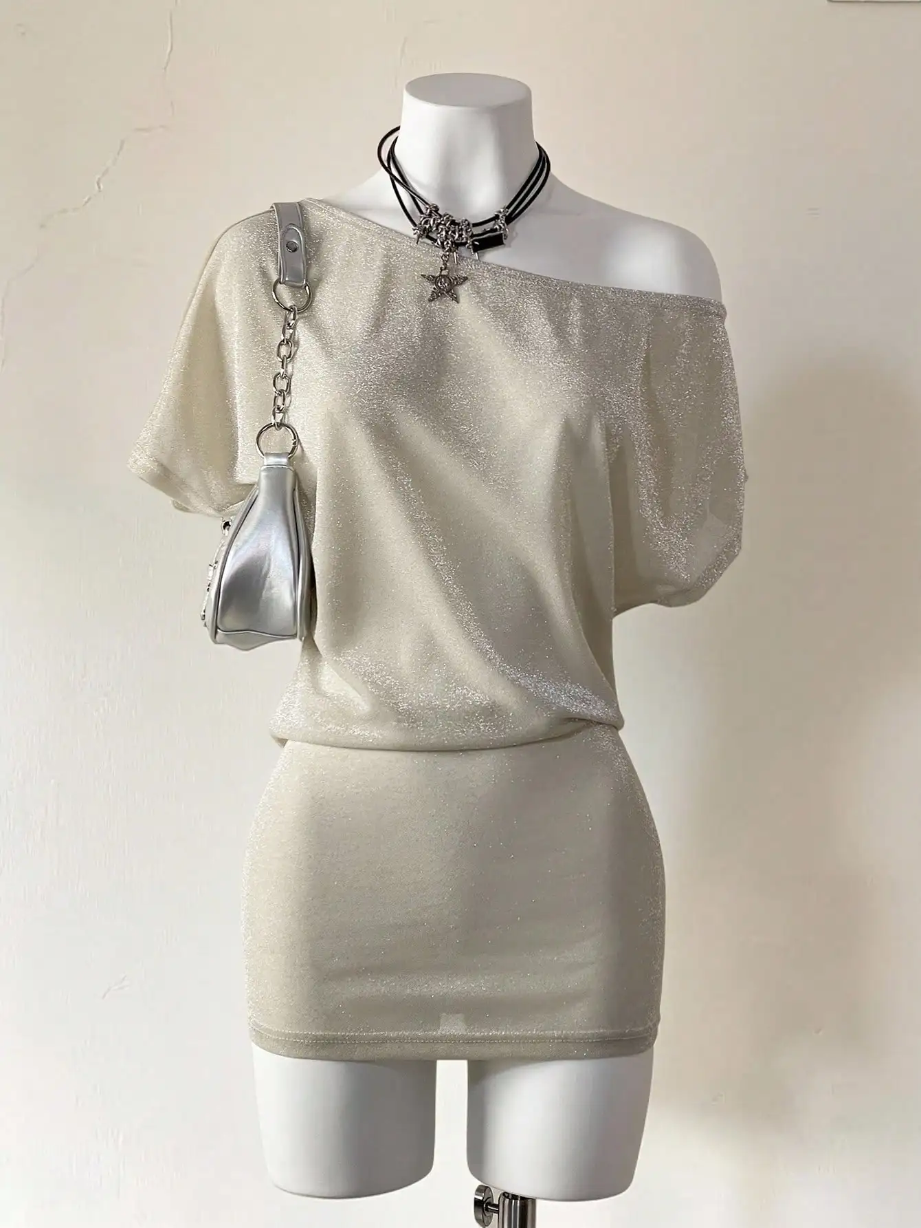 

Off-Shoulder Glitter Mini Dress With Puff Sleeve For Women