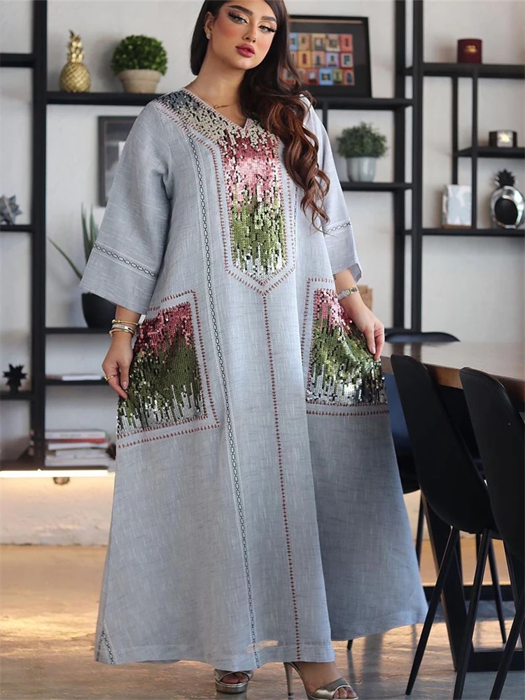 

Middle Eastern Muslim Dubai Glitters Embroidery Long Dress , Woman Loose Elegant Sequines Dresses