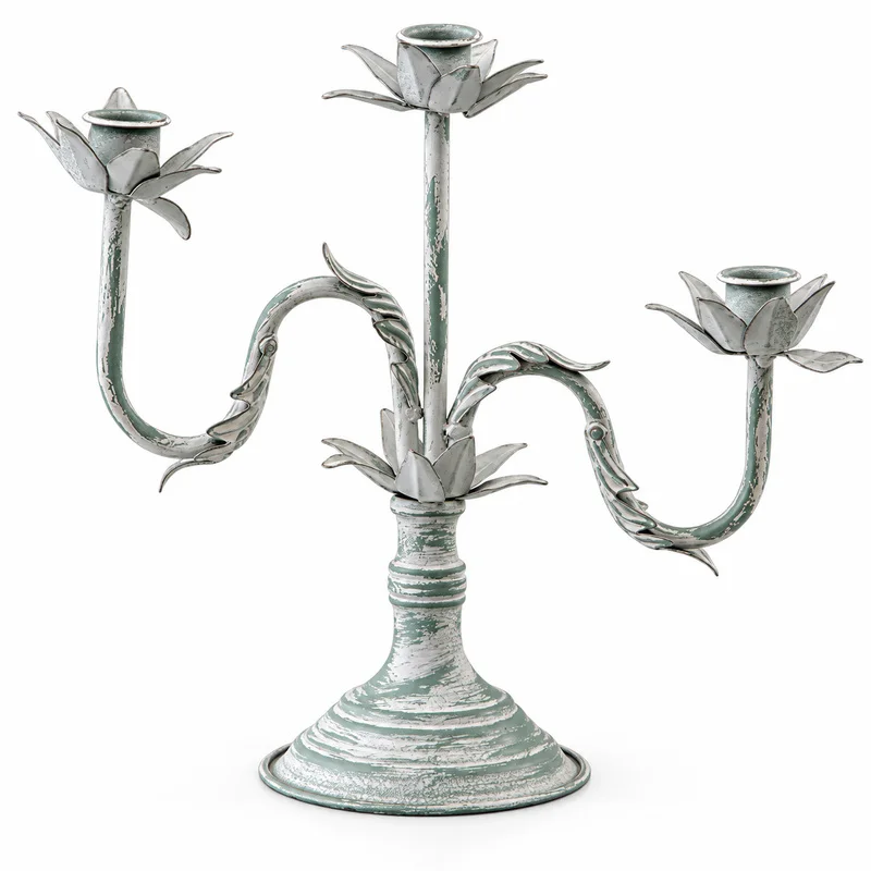 Vintage French 3-Arm Candelabra, Distressed Iron Floral Vine Taper Candle Holder for Wedding Table Farmhouse Decor