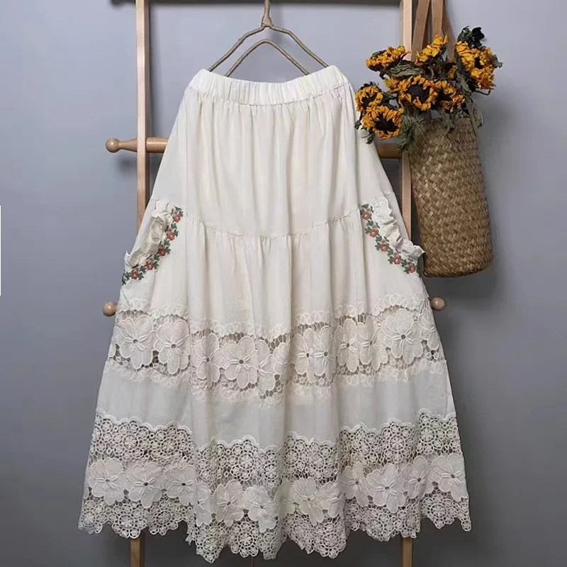 

TIYIHAILEY-White Cotton Lace Long Maxi Skirts Embroidery Elastic Waist A Line White Spring and Summer, White,New Fashion Ladies