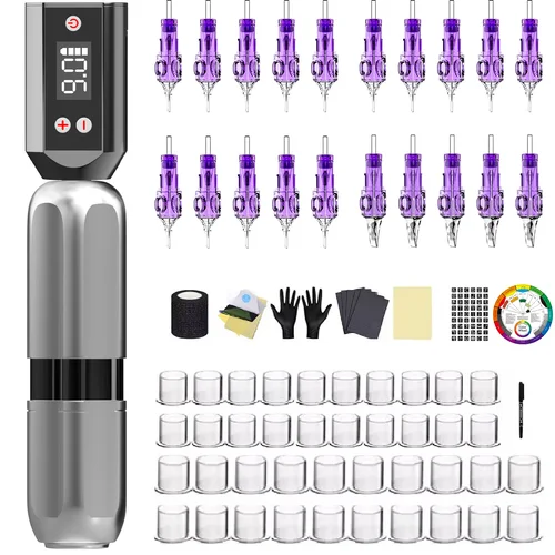 Imagen 2 del producto Kit de tatuaje LASTJUDG, nuevo Kit de pluma de tatuaje plateado para maquillaje permanente, Kit de máquina de tatuaje, fuente de alimentación inalámbrica para tatuaje, pistola de tatuaje Ki