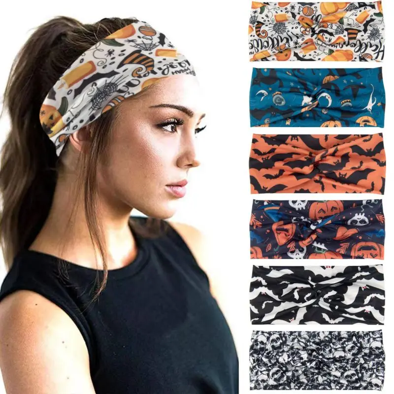 Halloween Pumpkin，Skeleton Spooky ，Bat Skull Headbands  ，Soft Elastic Hair Bands,  Running Cycling Hiking Yoga sport Headband