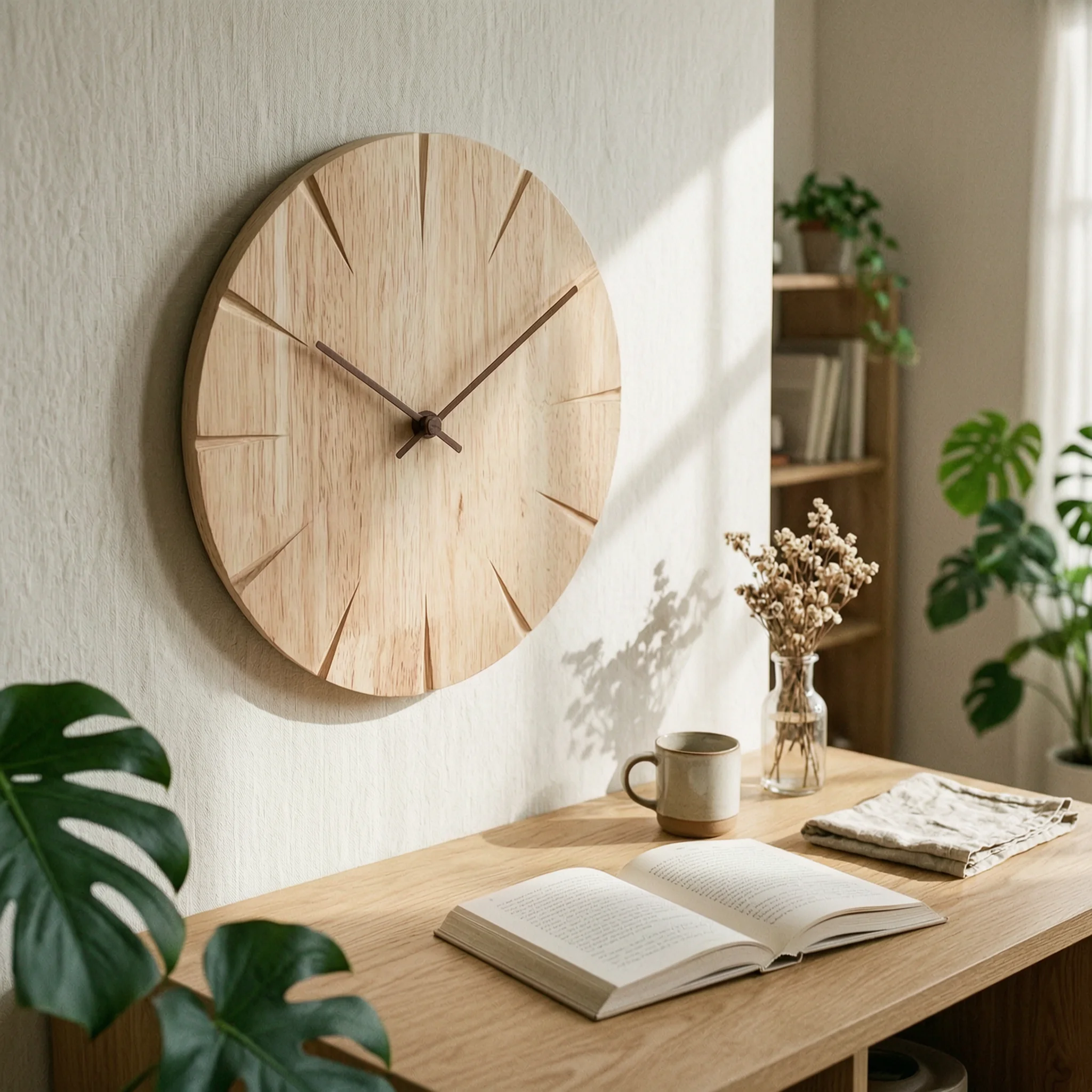 Wooden Wall Clock No-Drill Round Wall Clock 12-Inch 30cm for Renters, Living Room, Bedroom