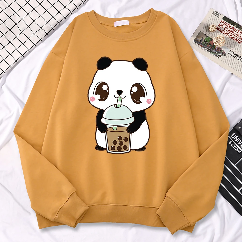 Casual Simple Women Pullovers Baby Panda Drinking Milk Tea Printing Hoodies Crewneck Soft Sweatshirt Fleece Warm Female Clothes