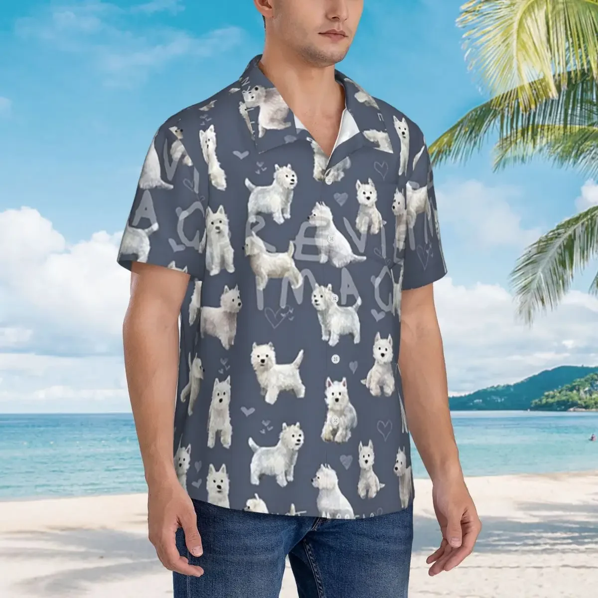 

The West Highland Terrier BLU Hawaiian Shirts Fashion Men Short Sleeve Shirt for Summer Beach Men's Lapel Tops