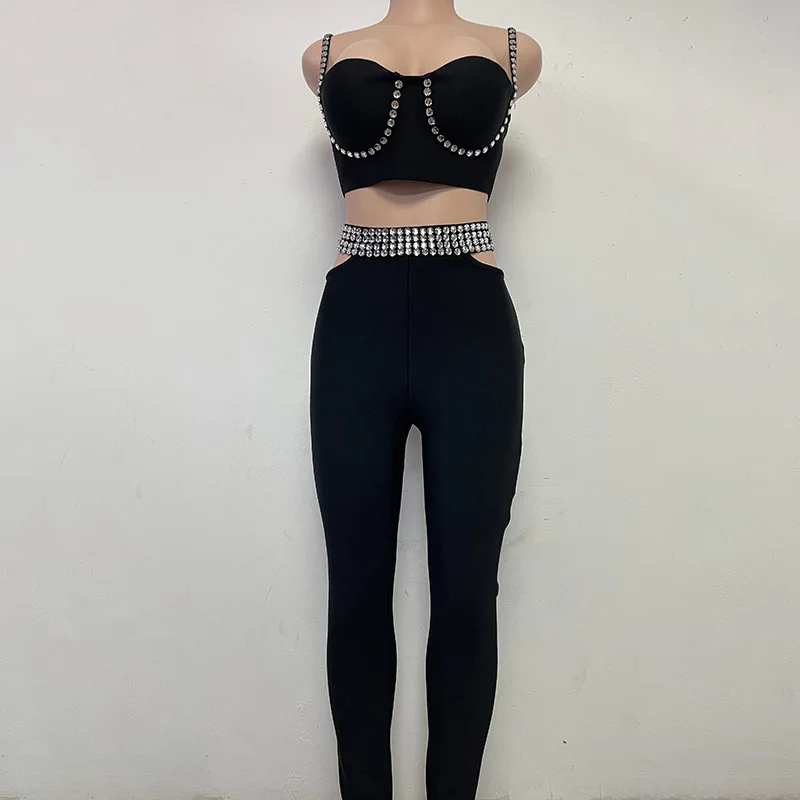 European and American Fashion Bandage New Rhinestone Camisole   Rhinestone Trousers Tight Slimming Temperament Bandage Two-Piece