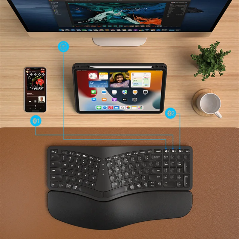 Backlit Wireless Ergonomic Keyboard Wireless Split Keyboard 2.4G Bluetooth Keyboard Set with Scissor Switch and Palm Rest