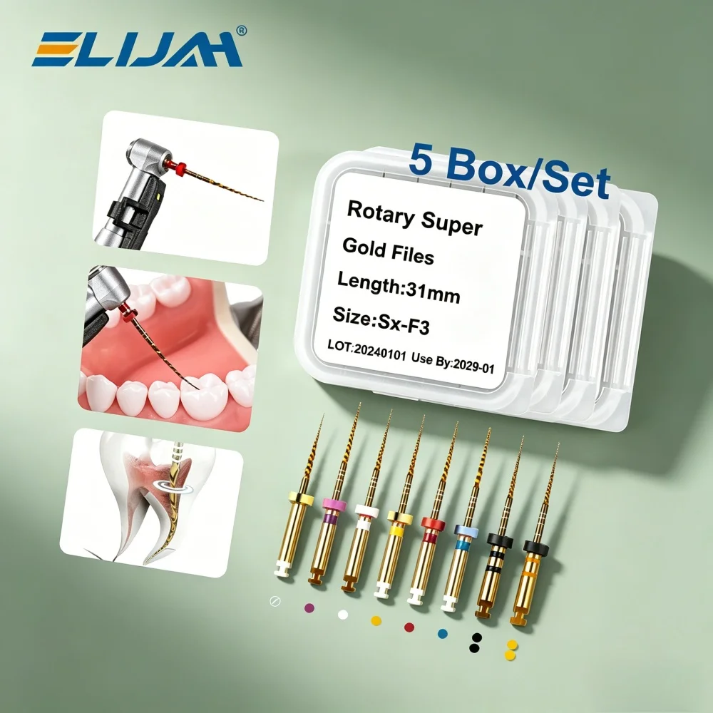 ELIJAH Dental 5Box/Set 30Pcs Rotary Super Gold Files Heat Activated Niti 19/21/25/31mm Files Root Canal Dentistry Instrument