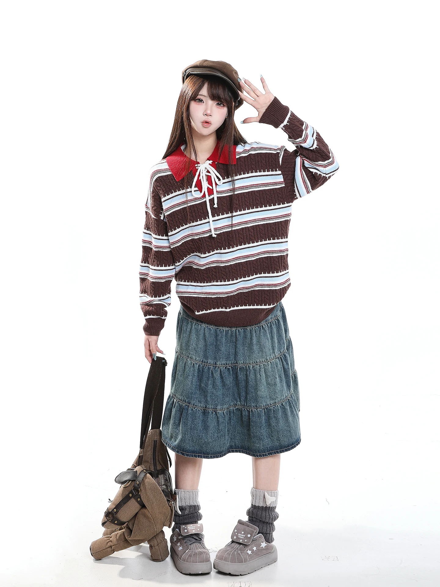 Retro American Striped Knitwear  Collar Loose Fit Women's Autumn College Style Slimming Young-looking Overhead Sweater