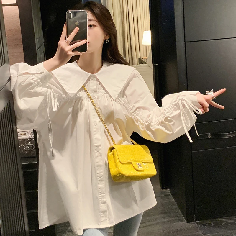 2022 Spring and Autumn New Sailor Collar White shirt Women's Long-Sleeved Korean Style Loose Design Niche Top