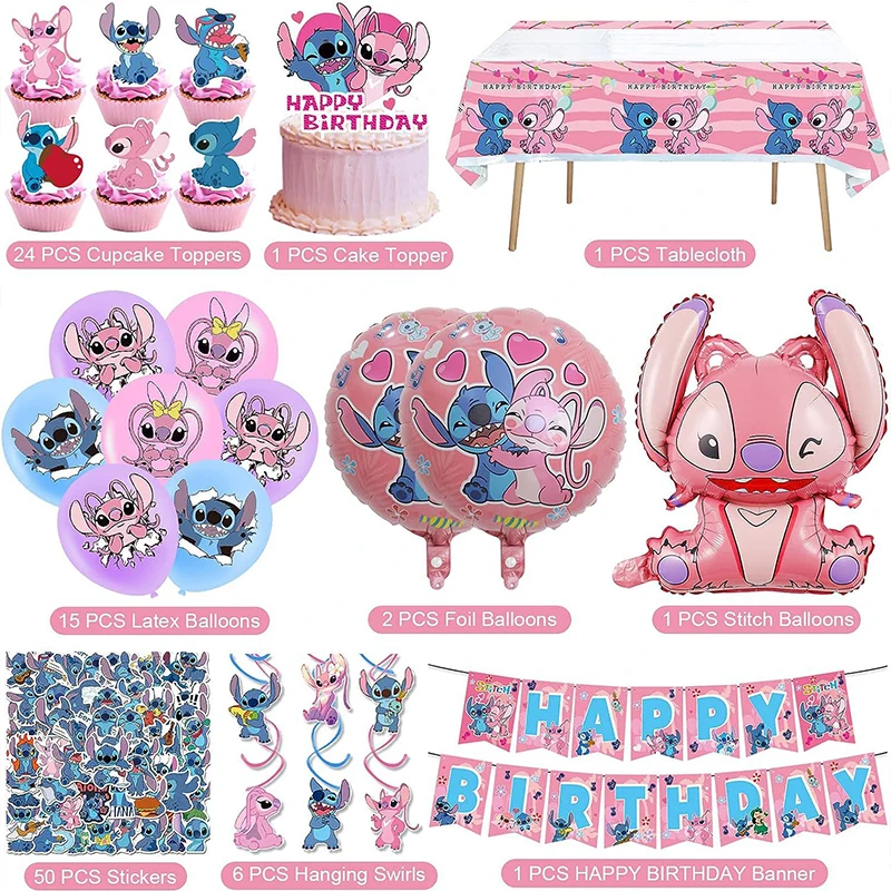 Ensemble de ballons en aluminium rose, 101 pièces, bannière sur le thème du Lilo & Stitch, autocollants pour décoration de gâteau, réception-cadeau pour bébé, décoration de fête d'anniversaire pour enfants