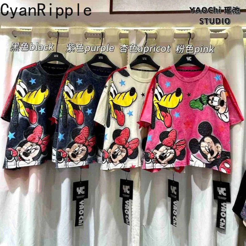 

Новая летняя универсальная женская футболка с коротким рукавом 2026 года, модный пуловер с круглым вырезом и принтом Микки, милые топы для школьниц