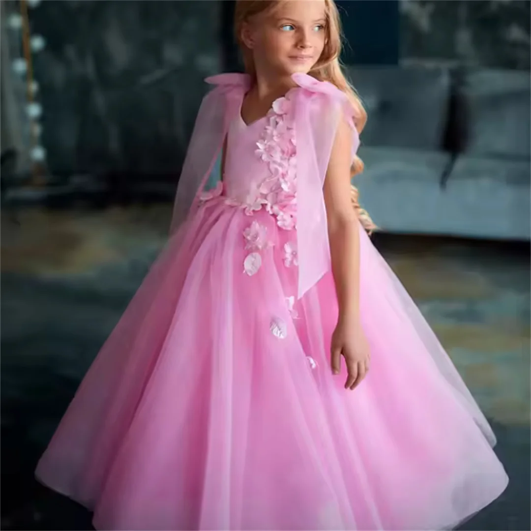 Pink Mother Daughter Matching Dresses Tulle Applique Flower Girl Dress For Wedding Kids Birthday Party First Communion Gowns