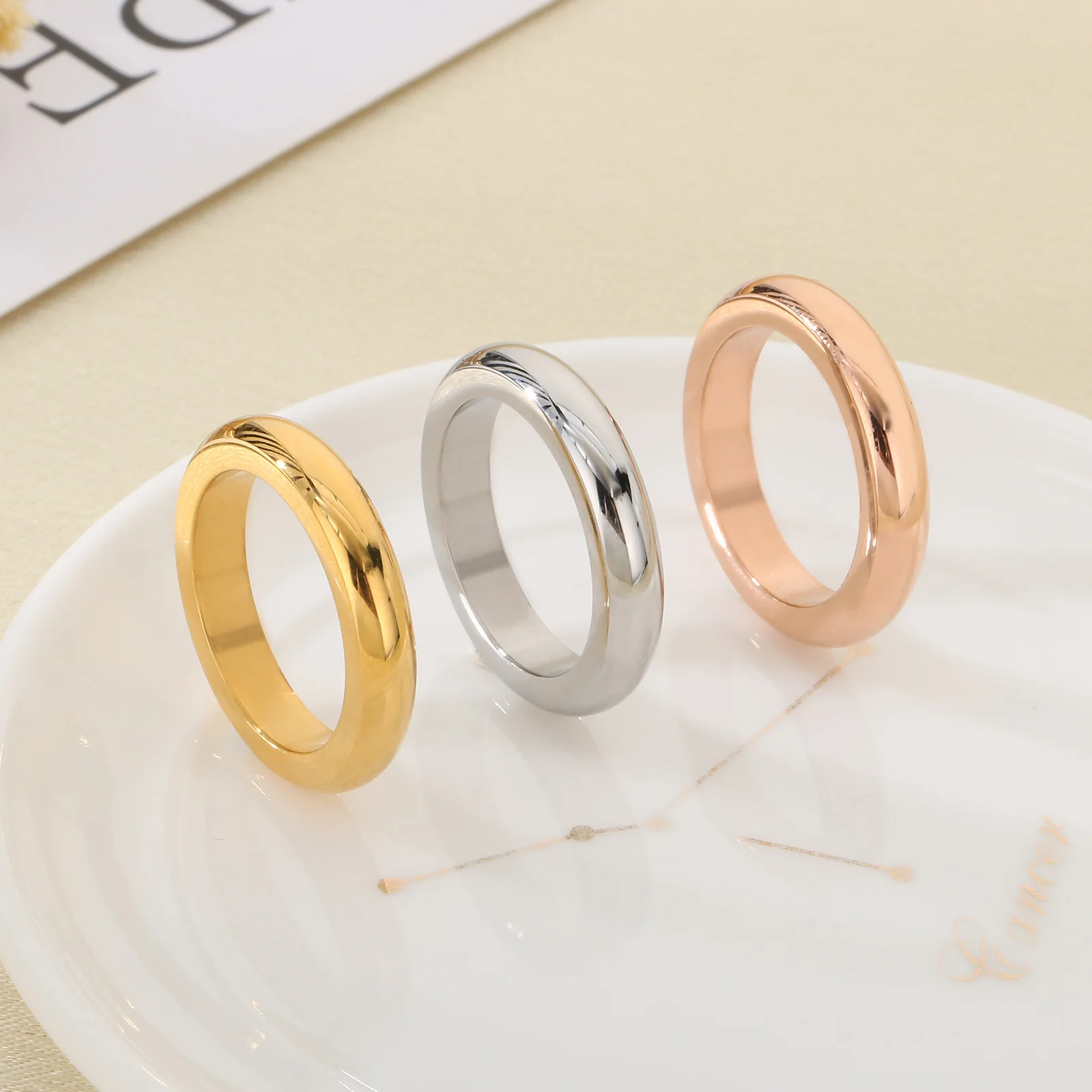10set/lot Wholesale #6 - #9 3 Tone Mix Color Dome Plain Rings Polished Stainless Steel Stackable Minimalist Women Jewelry