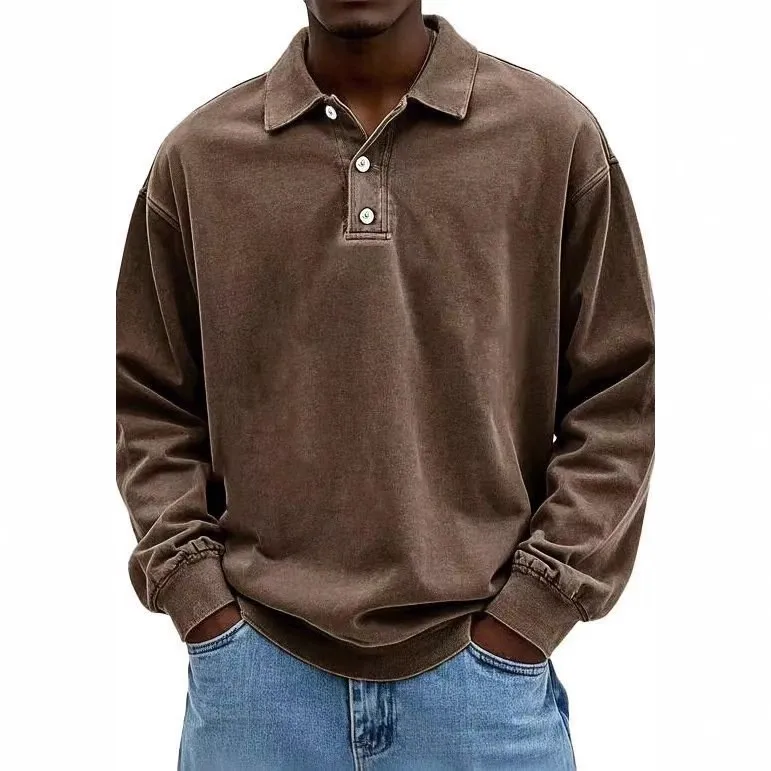Picture 4: Casual Long Sleeve Shirt Turn Collar Loose Fit Solid Color Front Button Down Oversized Fit Drop Shoulder Taupe Navy Blue