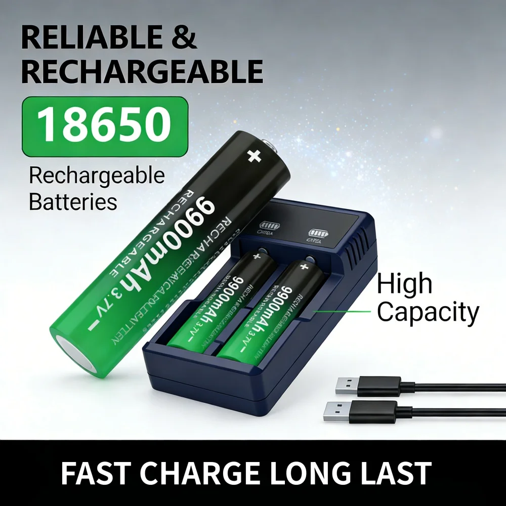 

Fast Charging 18650 9900mAh 3.7V Rechargeable Lithium Battery with Button Top for Flashlight + USB Fast charger