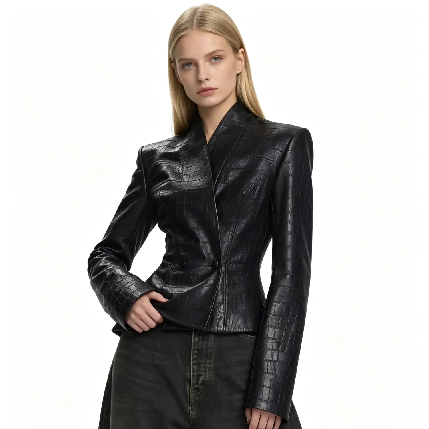 PUAL  2026 Women Croc Embossed Faux Leather Jacket Lapel Single‑Button Slim Fitted Short Punk Outerwear