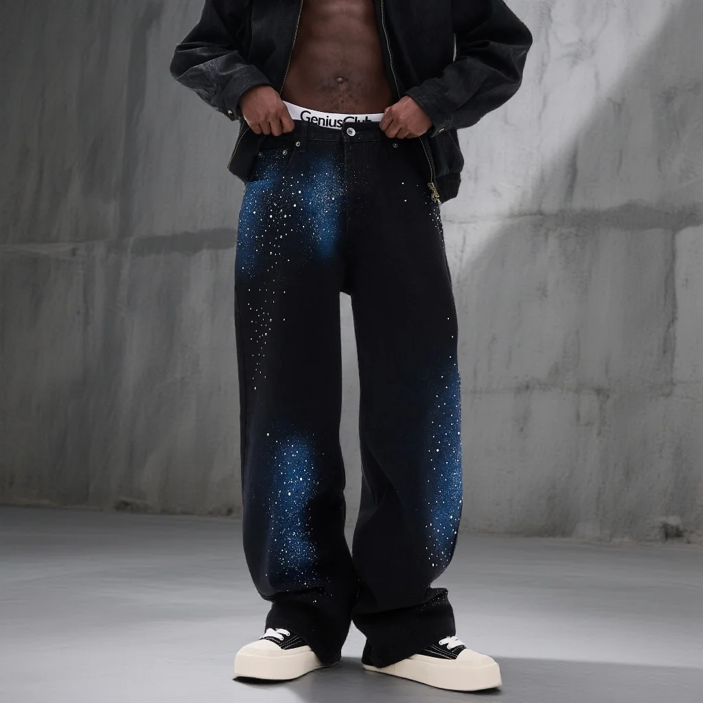 

2026 New American Sle Loose Straight Leg Galaxy Bla Waed fiti Jeans Men's Casual Cotton Denim Trousers Youth Faion