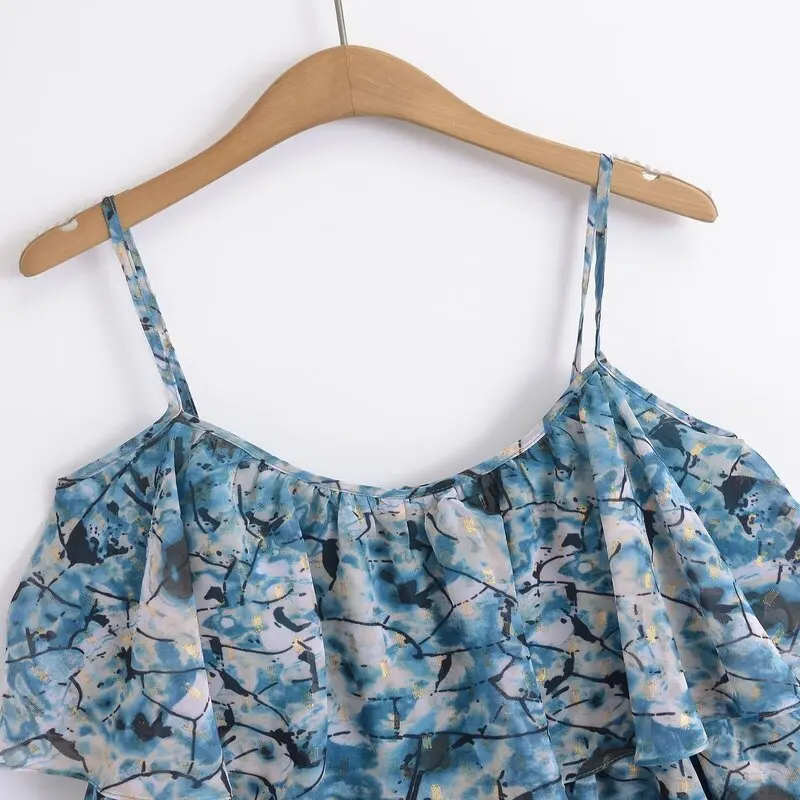 Verão 2024 f curto impro sem costas em camadas decorativa vestido de alça estilo de deslocamento sem mangas decote ...