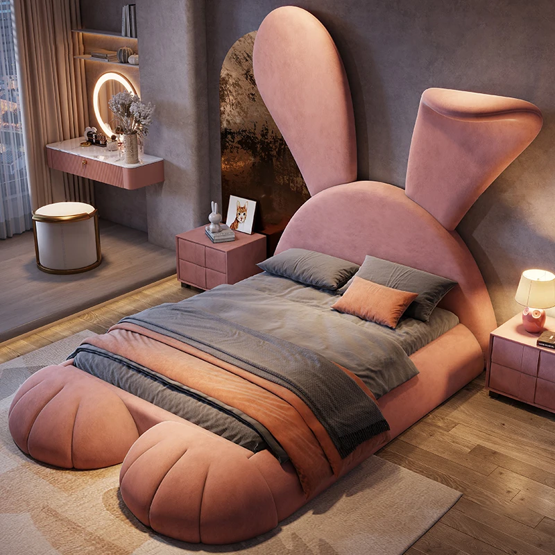 #For designer girl rabbit bed high-end fabric children's bed with night light modern popular double storage children's bed