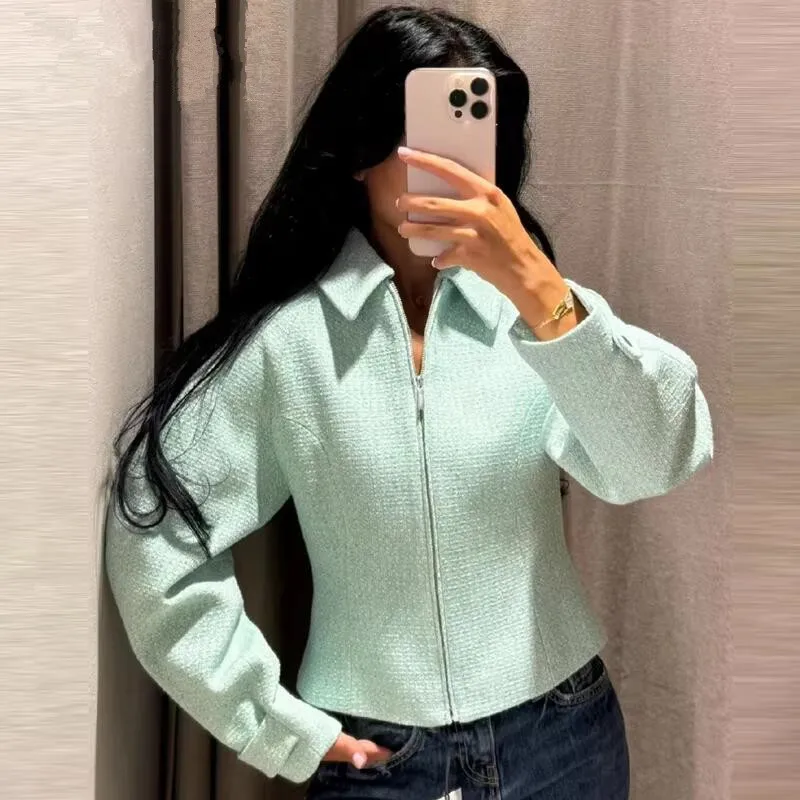 Cropped Tweed Jacket Women Demi-Season Zipper-Up Long Sleeve Coat Female Mint Green Textured Outerwear Streetwear Slim  Coats
