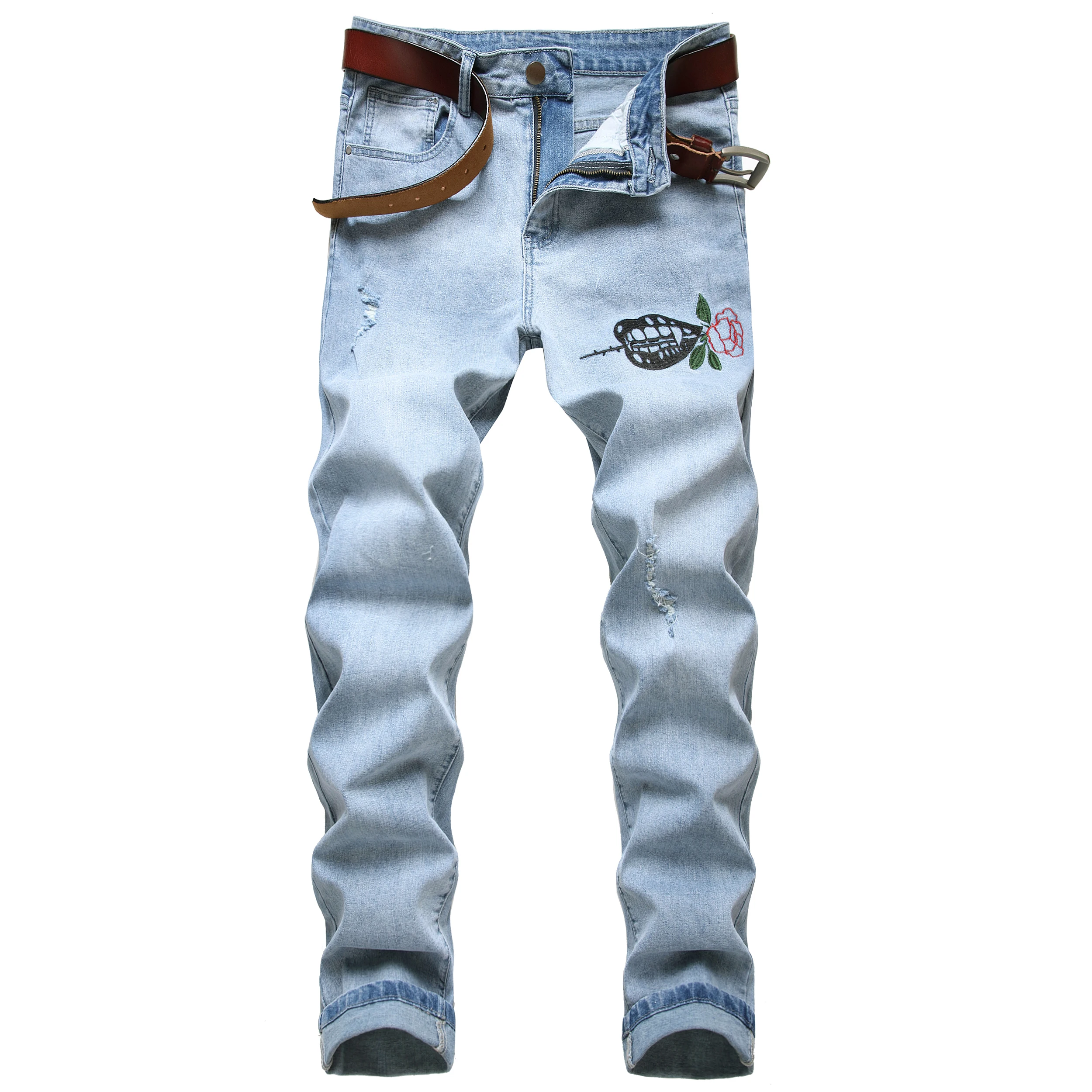 

Men's Light Blue Jeans, Fashion Embroidered Flower Wash JeansLY025