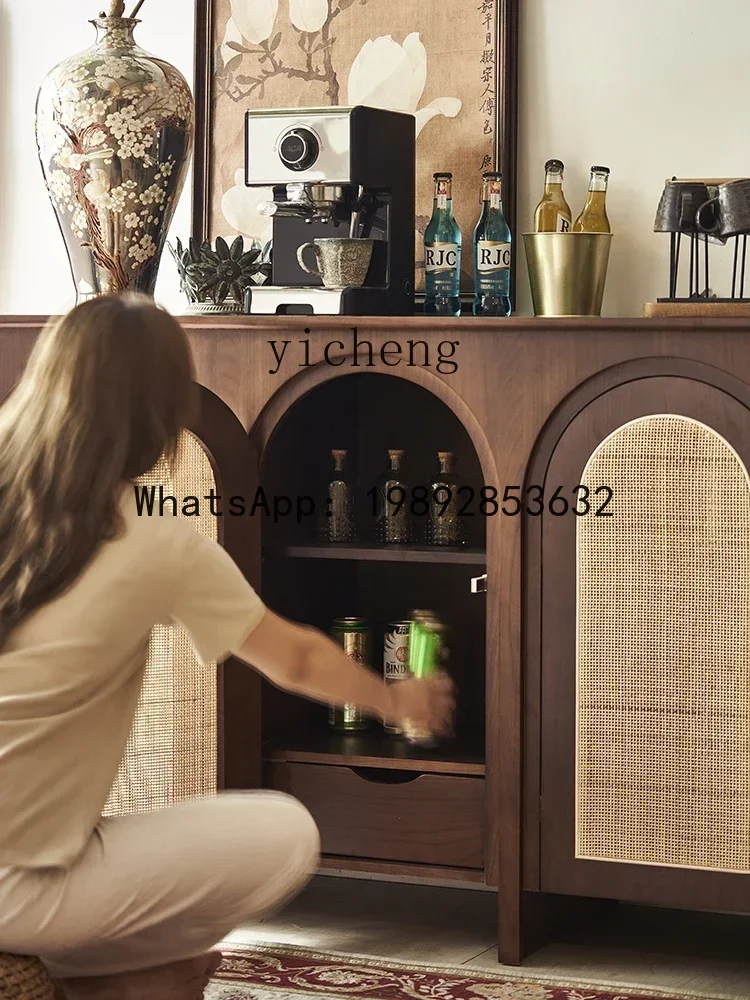LYY خزانة جانبية لتناول الطعام بتصميم عتيق من الخشب الصلب وشرفة تخزين منزلية من الخيزران مقابل خزانة شاي مقوسة على الحائط #3
