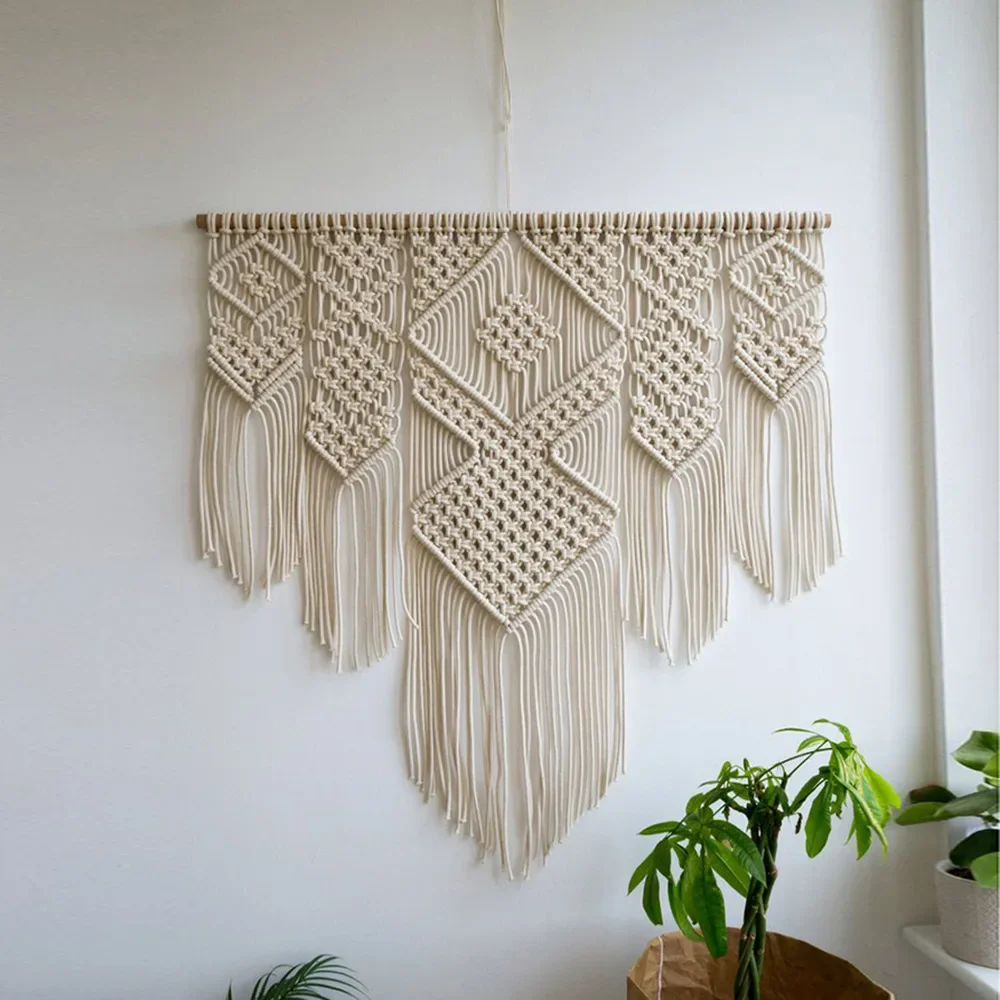 Large Macrame Wall Hanging Tapestry with Wooden Stick Hand-Woven Bohemia Tassel Curtain Tapestry Wedding Backgrou Boho Decor