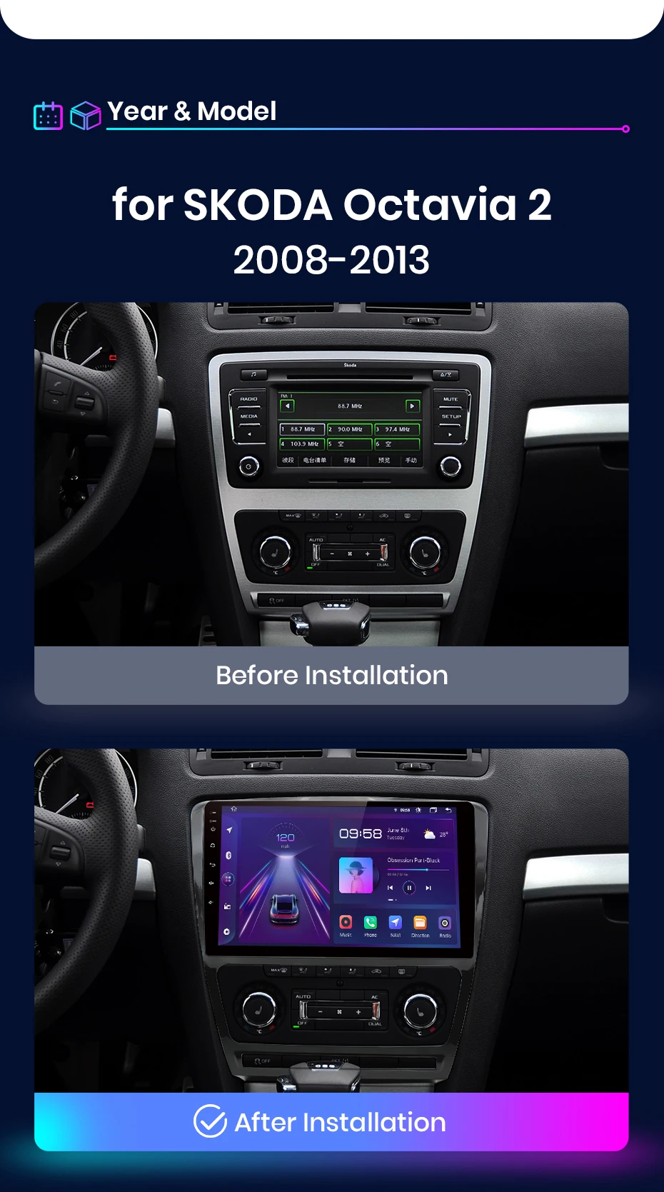 Car Radio Multimedia Automotive Carplay For Skoda Octavia 2 A5 2008-2013 Android Auto Wireless Video Car Stereo Subwoofer Auto