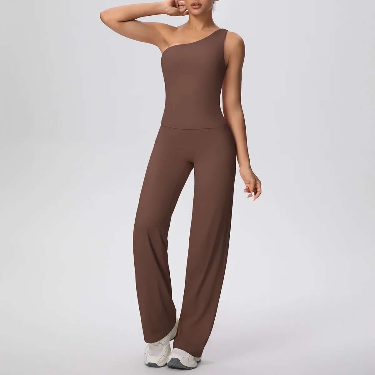 

Тонкий костюм для йоги персикового цвета с высокой талией, комплект для йоги на одно плечо с открытой спиной, комплект для фитнеса, спорта, повседневная одежда для бега, тренировок, спортивная одежда для спортзала