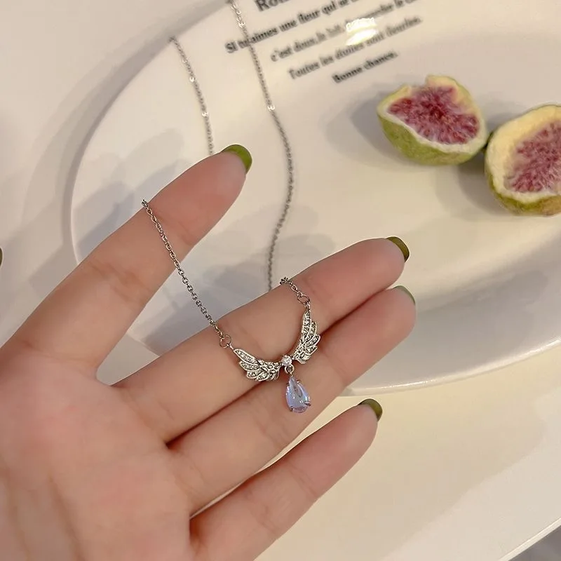 Kpop Fairy Zircon Wings Heart Crystal Pendant Necklace For Women Clavicle Chain Choker Fashion Y2K Egirl Emo Jewelry Gifts