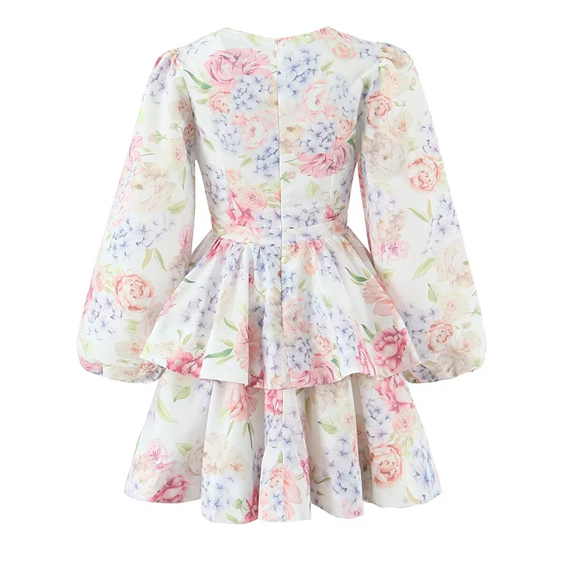 Sexy profundo decote em v lanterna manga em camadas plissado floral impressão vestido feminino elegante a linha mini vestidos senhora férias festa robe