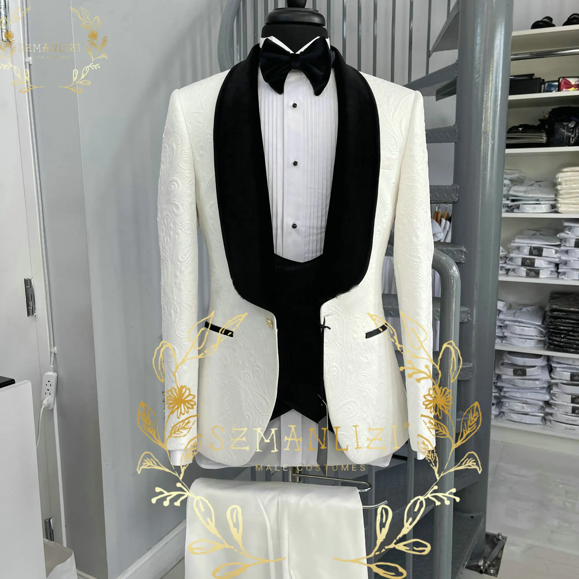 Ivory Jacquard Pattern Mens Suit 3 Piece Jacket Vest Pants Slim Fit Wedding Suits for Men Formal Groom Prom Party Tuxedo Dress