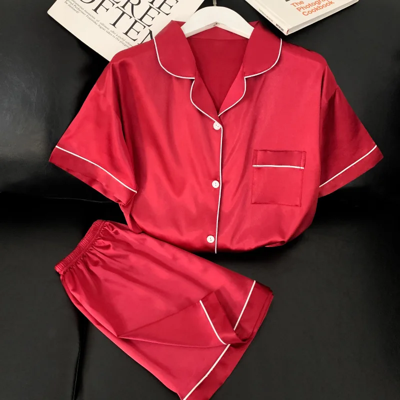 Conjunto de pijama cetim de seda gelo feminino, shorts manga curta, alto grau, liso, vermelho, doce lar, verão