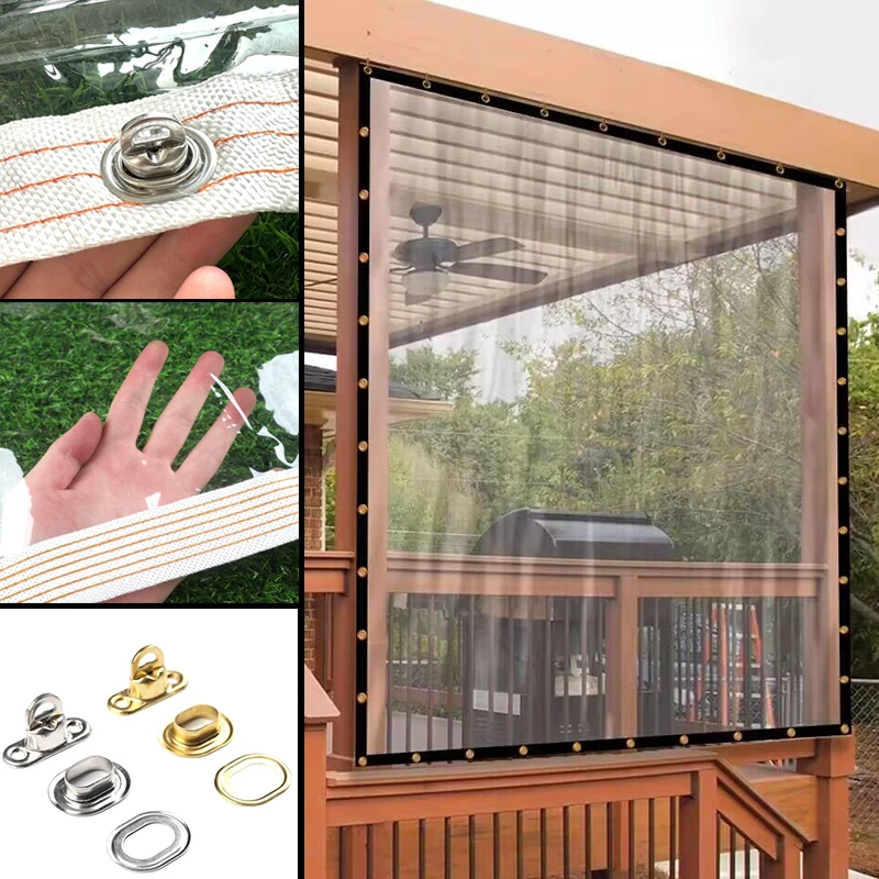 Outdoor Transparent Tarpaulin with Oval Eyelets Patio Pergola Tarp Curtain with Twist Locks Heavy Duty Clear Vinyl Tarpaulin