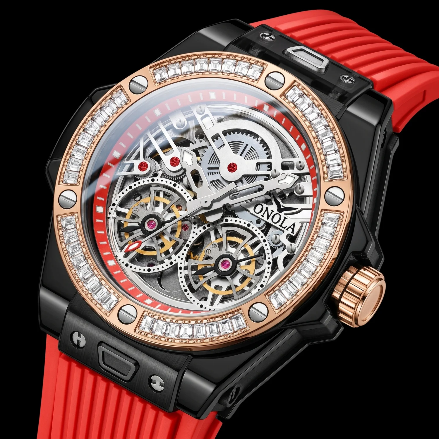 ONOLA Men's Fashionable Mechanical Watch, with Sparkling Rhinestone Embedded in The Bezel, Suitable for Daily Socializing