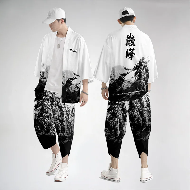 

Two-piece Suit Oversize S-6XL Loose Chinese Japanese Samurai Harajuku Kimono Cardigan Women Men Cosplay Yukata Tops Pants Set