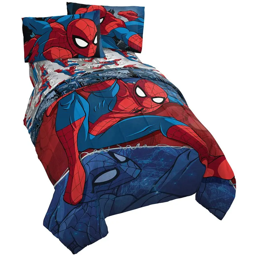 Juego de Cama Doble de 4 Piezas Marvel Spiderman Burst, Incluye Edredón Reversible y Juego de Sábanas, Ropa de Cama Súper Suave, Resistente a la Decoloración, Microfibra