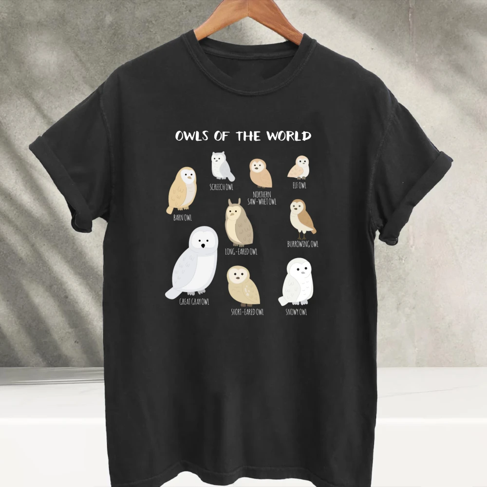Owls of The World Graphic T‑Shirt Men Women Crew Neck Tees Different Owl Species Bird Educational Print Soft Cotton Casual Tops