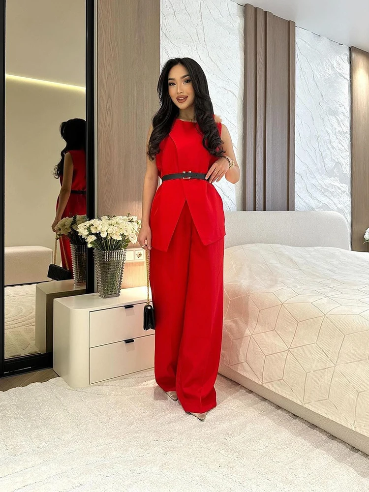 Fashion Solid Casual Hosen Zwei Stück Set Frühling Frauen Ärmelloses Rundhals Top + Hohe Taille Gerade Breite Bein Hosen sommer Outfit