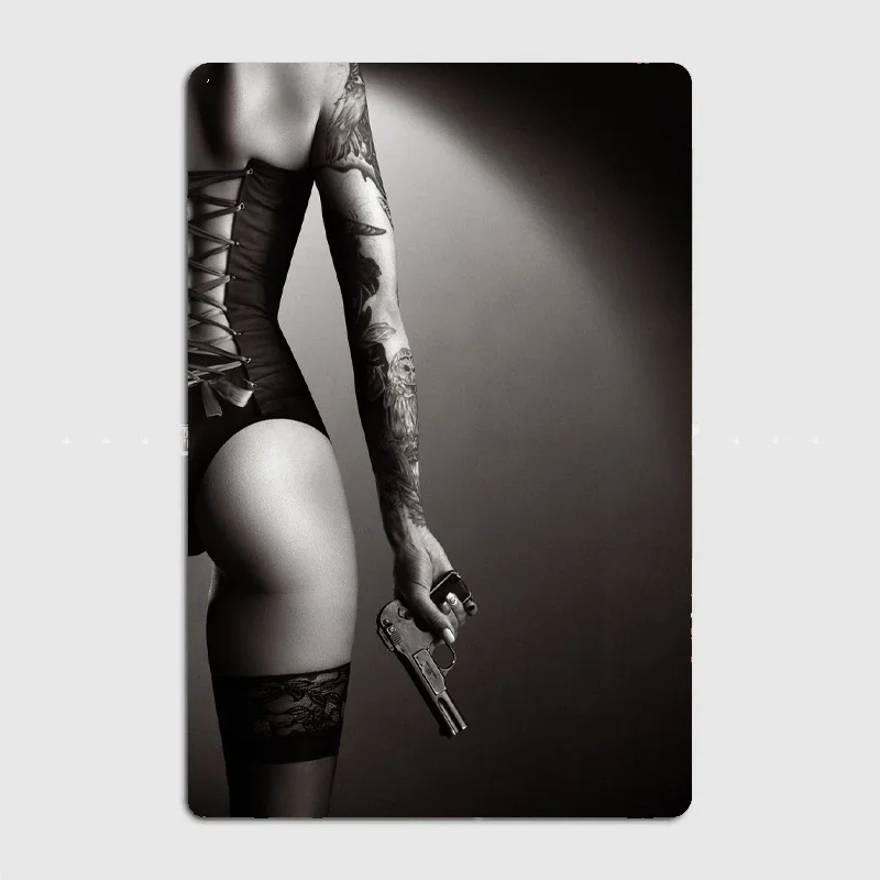 Woman In Lingerie With Gun Metal Plaque Garage Club Wall Plaque Club Home Funny Tin Sign Poster